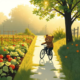 In the gentle morning light beside a vegetable garden, a small bear is joyfully riding a bicycle along a quaint path