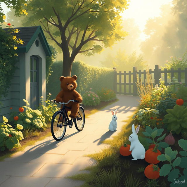 In the gentle morning light beside a vegetable garden, a small bear rides a bicycle happily along a quaint path