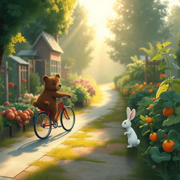 In the gentle morning light beside a vegetable garden, a small bear rides a bicycle happily along a quaint path