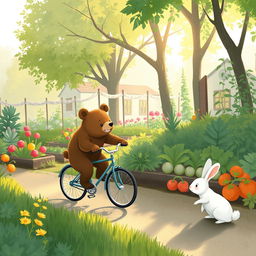 In the gentle morning light beside a vegetable garden, a small bear rides a bicycle happily along a quaint path