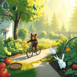 In the gentle morning light beside a vegetable garden, a small bear rides a bicycle happily along a quaint path
