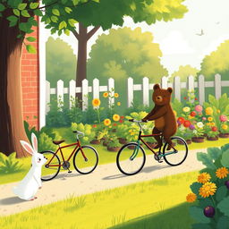 In a delightful morning scene, a small bear rides a bicycle along a path next to a vibrant vegetable garden, while a small white rabbit stands in the garden, watching the bear with curiosity