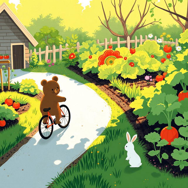 In a delightful morning scene, a small bear rides a bicycle along a path next to a vibrant vegetable garden, while a small white rabbit stands in the garden, watching the bear with curiosity