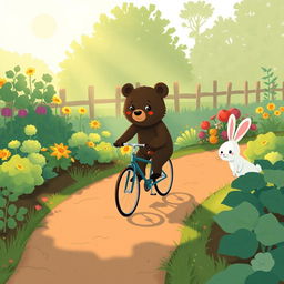 In a delightful morning scene, a small bear rides a bicycle along a path next to a vibrant vegetable garden, while a small white rabbit stands in the garden, watching the bear with curiosity