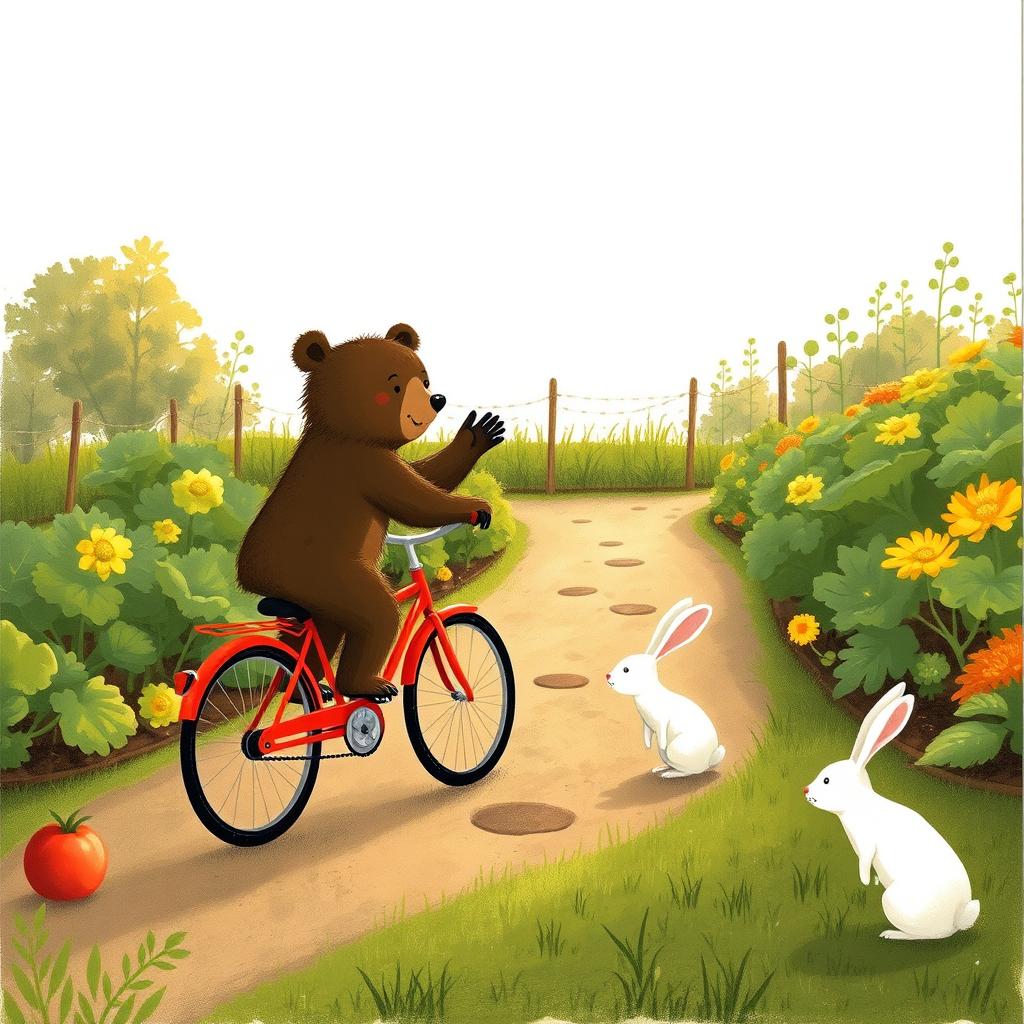In the soft morning light beside a vegetable garden, a small bear rides a bright red bicycle along a charming path