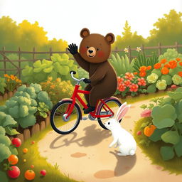 In the soft morning light beside a vegetable garden, a small bear rides a bright red bicycle along a charming path