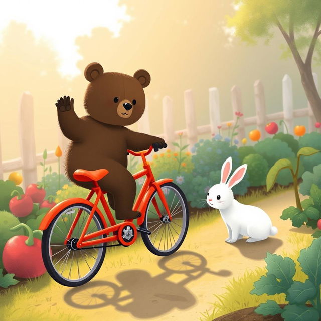 In the soft morning light beside a vegetable garden, a small bear rides a bright red bicycle along a charming path