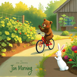 In the soft morning light beside a vegetable garden, a small bear rides a bright red bicycle along a charming path