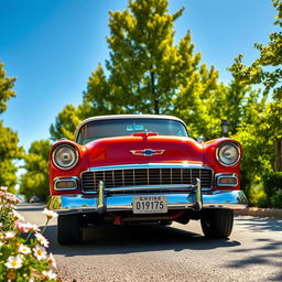 A classic Chevrolet Veraneio parked on a sunlit street, surrounded by lush green trees