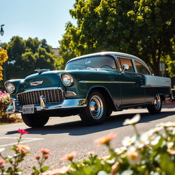 A classic Chevrolet Veraneio parked on a sunlit street, surrounded by lush green trees