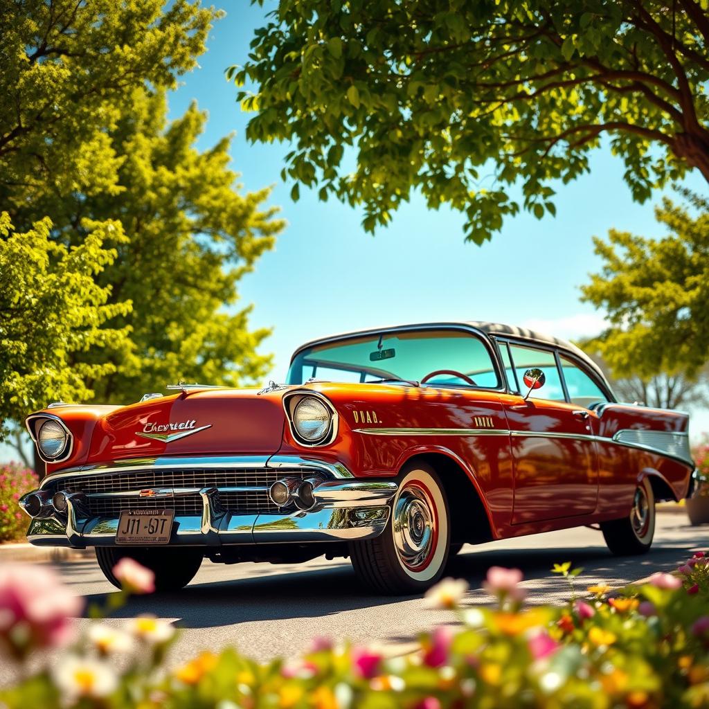 A classic Chevrolet Veraneio parked on a sunlit street, surrounded by lush green trees