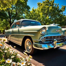 A classic Chevrolet Veraneio parked on a sunlit street, surrounded by lush green trees