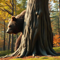 A surreal scene depicting a thick, mature tree transforming into a majestic bear