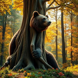 A surreal scene depicting a thick, mature tree transforming into a majestic bear