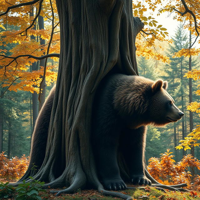 A surreal scene depicting a thick, mature tree transforming into a majestic bear