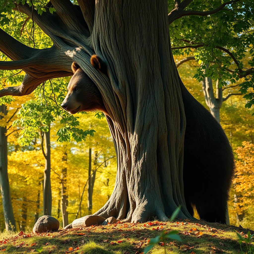 A surreal scene depicting a thick, mature tree transforming into a majestic bear