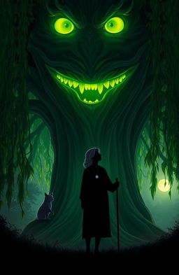 A large, ancient willow tree with expressive eyes and a mouth, its glowing leaves creating an enchanting focal point