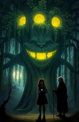 A large, ancient willow tree with expressive eyes and a mouth, its glowing leaves creating an enchanting focal point
