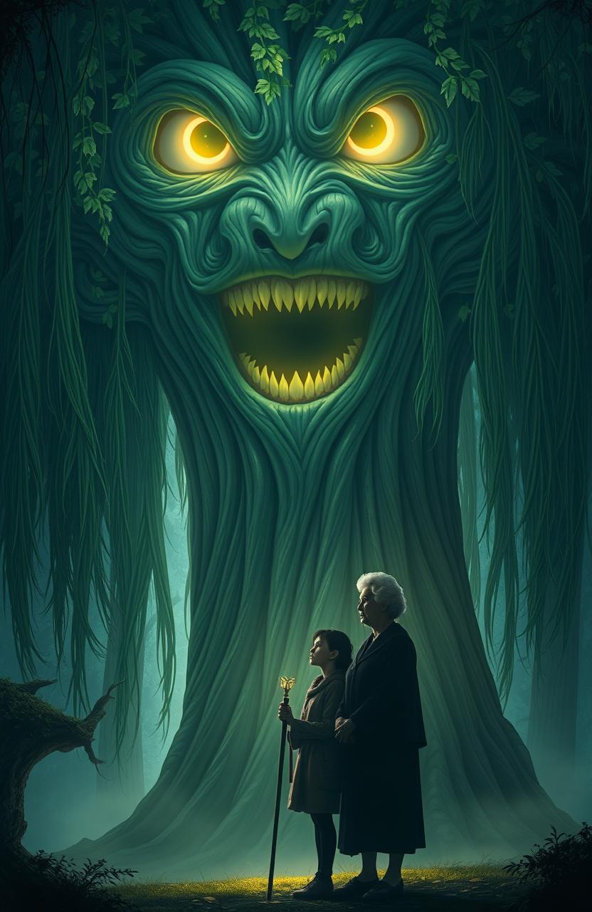 A large, ancient willow tree with expressive eyes and a mouth, its glowing leaves creating an enchanting focal point