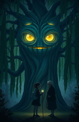 A large, ancient willow tree with expressive eyes and a mouth, its glowing leaves creating an enchanting focal point
