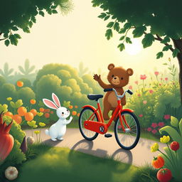 In the soft morning light beside a vegetable garden, a small bear rides a bright red bicycle along a charming path