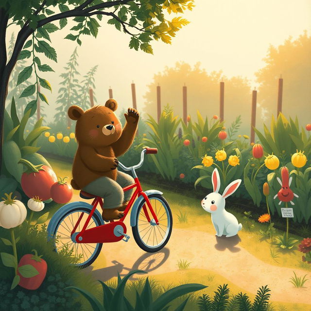 In the soft morning light beside a vegetable garden, a small bear rides a bright red bicycle along a charming path