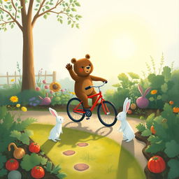 In the soft morning light beside a vegetable garden, a small bear rides a bright red bicycle along a charming path