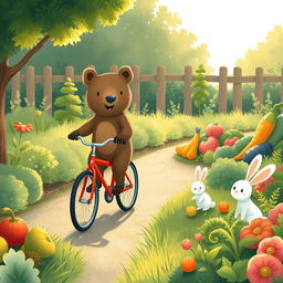 In the soft morning light beside a vegetable garden, a small bear rides a bright red bicycle along a charming path