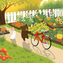In a cheerful morning scene, a small bear rides a bright red bicycle along a path next to a colorful vegetable garden, while a small white rabbit stands in the garden, gazing at the bear with curiosity