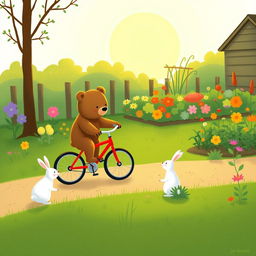 In a cheerful morning scene, a small bear rides a bright red bicycle along a path next to a colorful vegetable garden, while a small white rabbit stands in the garden, gazing at the bear with curiosity