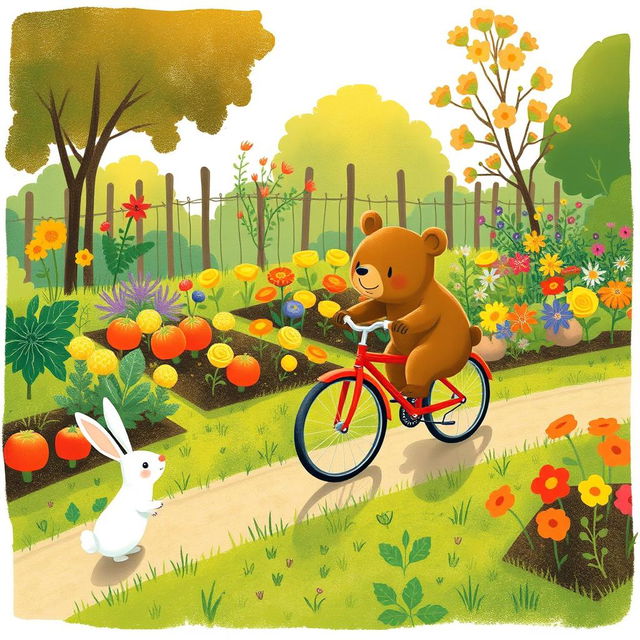 In a cheerful morning scene, a small bear rides a bright red bicycle along a path next to a colorful vegetable garden, while a small white rabbit stands in the garden, gazing at the bear with curiosity