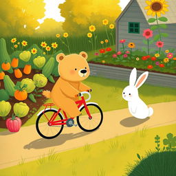 In a cheerful morning scene, a small bear rides a bright red bicycle along a path next to a colorful vegetable garden, while a small white rabbit stands in the garden, gazing at the bear with curiosity