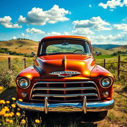 A vintage Chevrolet 3100 pickup truck parked in a rustic setting, surrounded by a picturesque landscape of rolling hills and wildflowers