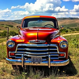 A vintage Chevrolet 3100 pickup truck parked in a rustic setting, surrounded by a picturesque landscape of rolling hills and wildflowers