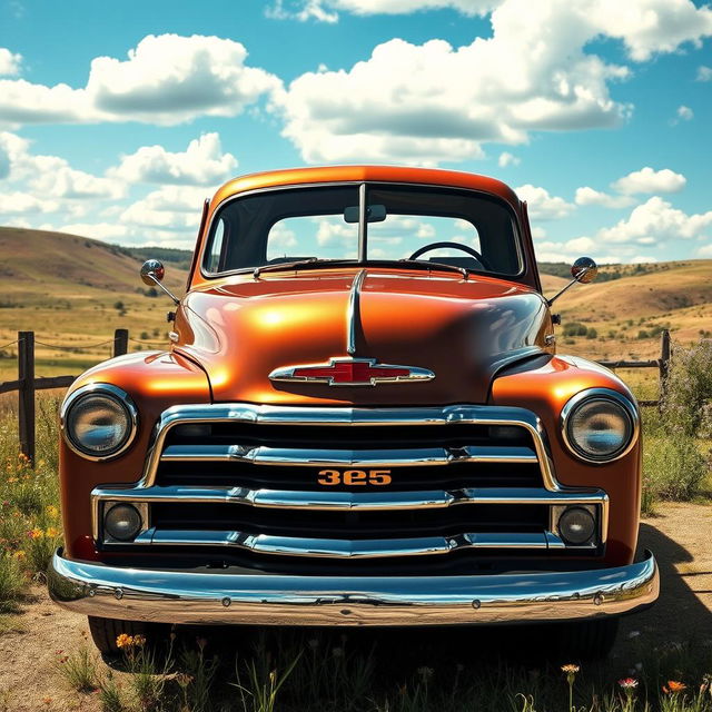 A vintage Chevrolet 3100 pickup truck parked in a rustic setting, surrounded by a picturesque landscape of rolling hills and wildflowers