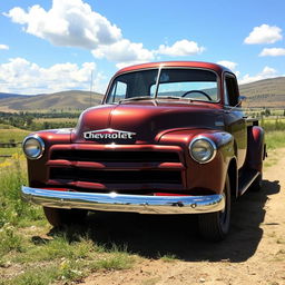 A vintage Chevrolet 3100 pickup truck parked in a rustic setting, surrounded by a picturesque landscape of rolling hills and wildflowers