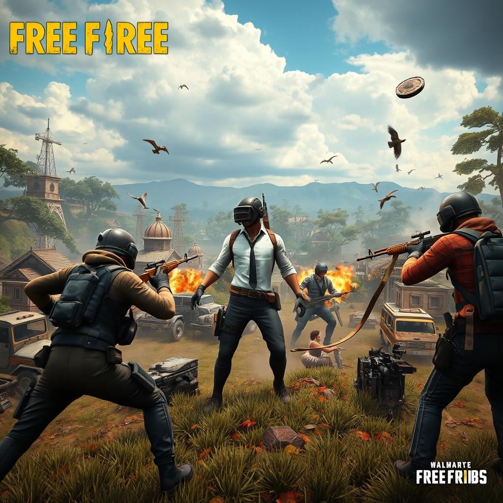 A dynamic gaming scene where characters from the game Free Fire are depicted in the style of PUBG