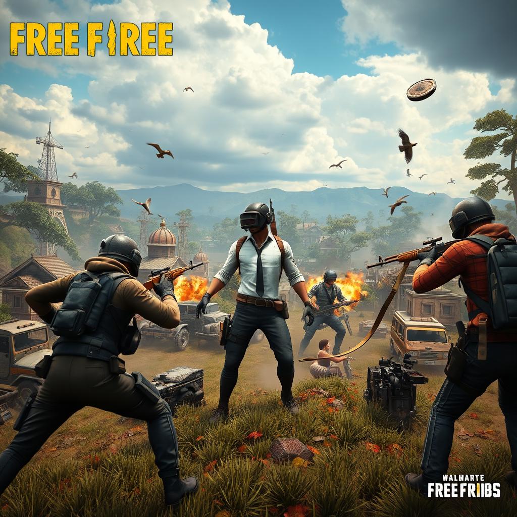 A dynamic gaming scene where characters from the game Free Fire are depicted in the style of PUBG