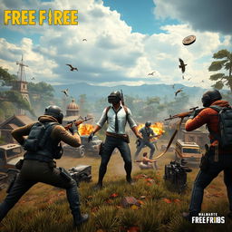 A dynamic gaming scene where characters from the game Free Fire are depicted in the style of PUBG