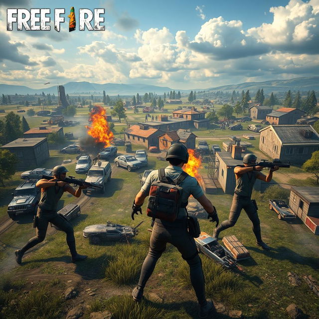 A dynamic gaming scene where characters from the game Free Fire are depicted in the style of PUBG