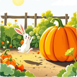 In a bright and cheerful morning scene within a vegetable garden, a small white rabbit joyfully hops into the air, showcasing its excitement
