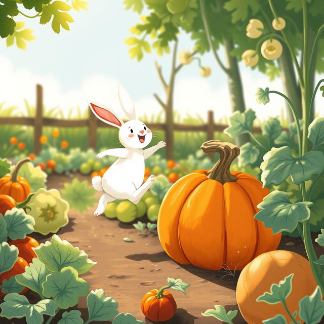 In a bright and cheerful morning scene within a vegetable garden, a small white rabbit joyfully hops into the air, showcasing its excitement