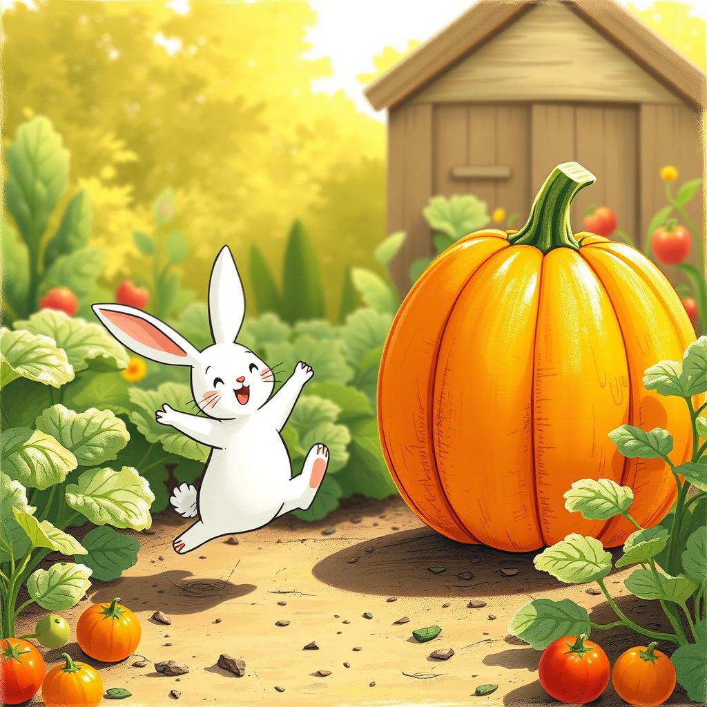 In a bright and cheerful morning scene within a vegetable garden, a small white rabbit joyfully hops into the air, showcasing its excitement