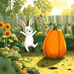 In a bright and cheerful morning scene within a vegetable garden, a small white rabbit joyfully hops into the air, showcasing its excitement