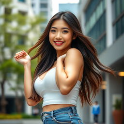 A beautiful Chinese university student with voluptuous, round breasts, exuding a playful and flirtatious demeanor