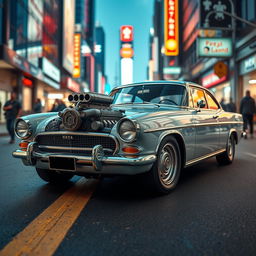 A beautifully detailed image of a Pride car (classic Iranian model) combined creatively with a powerful engine