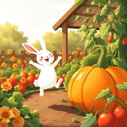 In a cheerful morning scene, a small white rabbit joyfully leaps in a vibrant vegetable garden, with a large pumpkin beside it