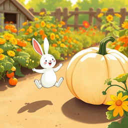 In a cheerful morning scene, a small white rabbit joyfully leaps in a vibrant vegetable garden, with a large pumpkin beside it