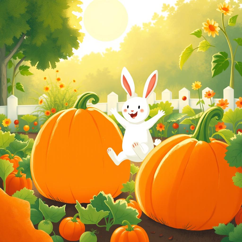 In a cheerful morning scene, a small white rabbit joyfully leaps in a vibrant vegetable garden, with a large pumpkin beside it