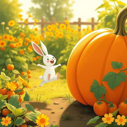 In a cheerful morning scene, a small white rabbit joyfully leaps in a vibrant vegetable garden, with a large pumpkin beside it
